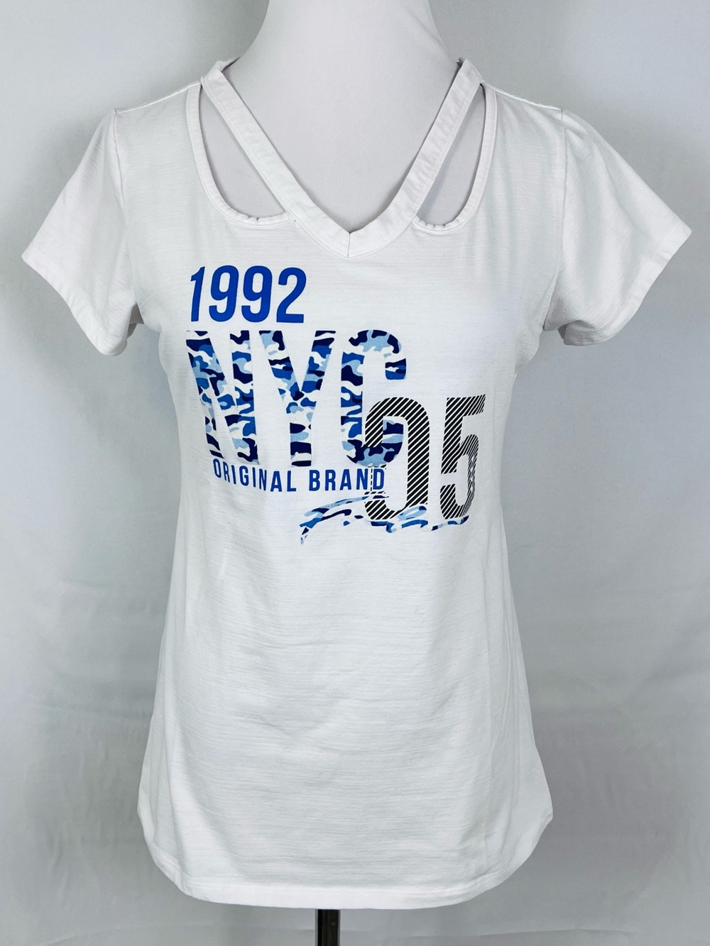 Vintage FUBU White Short Sleeve Tee with Blue NYC Graphic